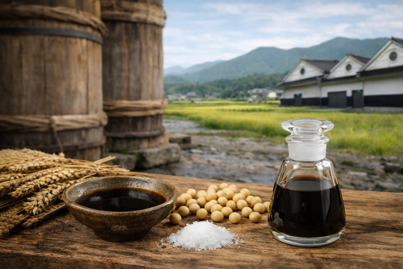 兵庫県の老舗醸造所で作られた国産有機醤油をガラスの醤油さしに入れて木のテーブルに置いた風景
