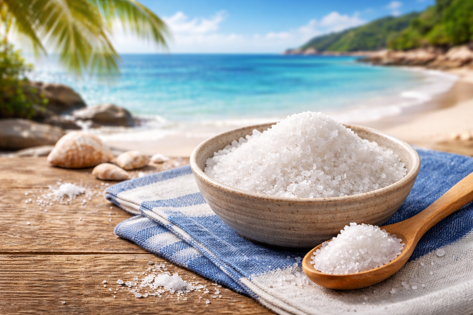 沖縄の海を背景にした粟国の塩のイメージ写真