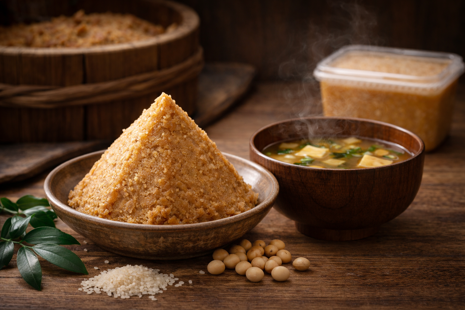 国産無添加味噌と味噌汁のある日本の伝統的な食卓風景