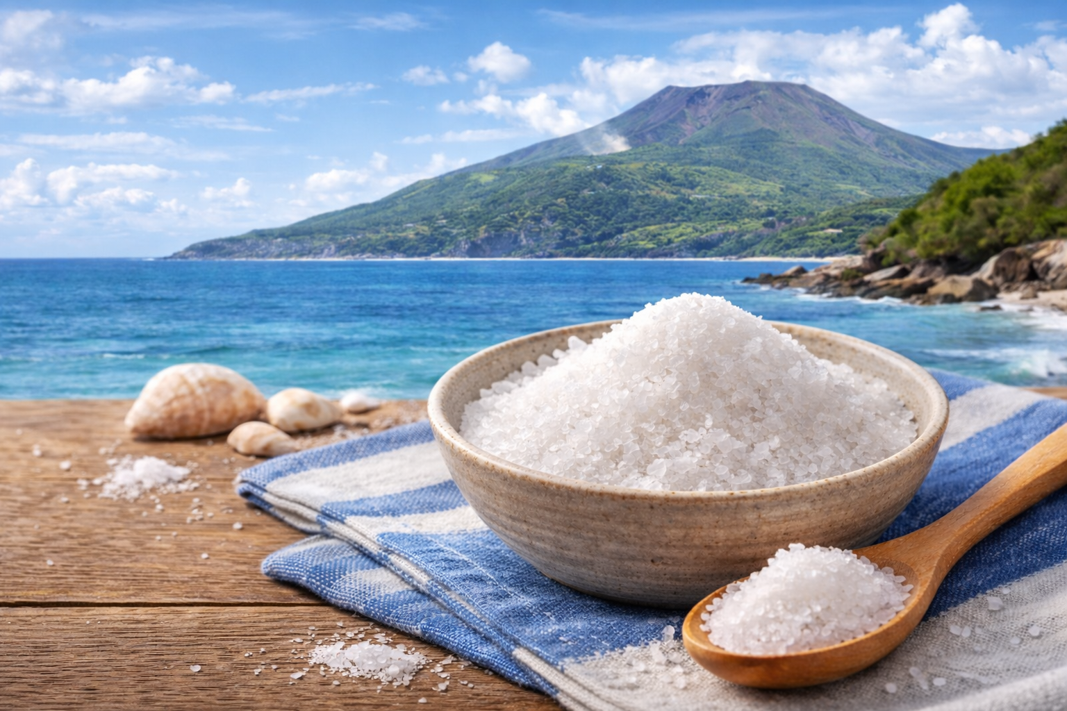 伊豆大島の海を背景にした海の精をイメージした自然海塩の写真