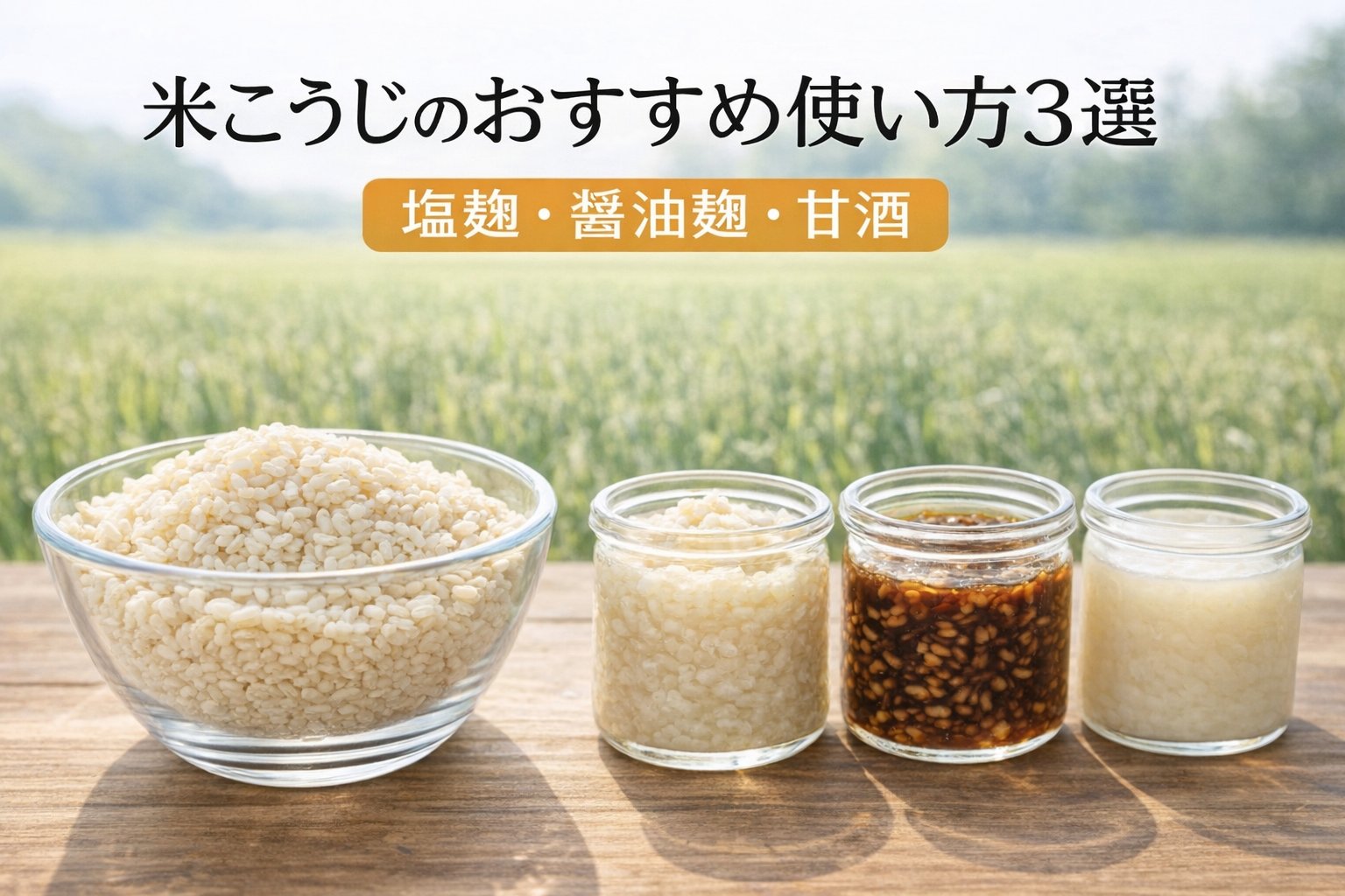 米こうじと塩麹・醤油麹・甘酒の瓶を並べた木製テーブル