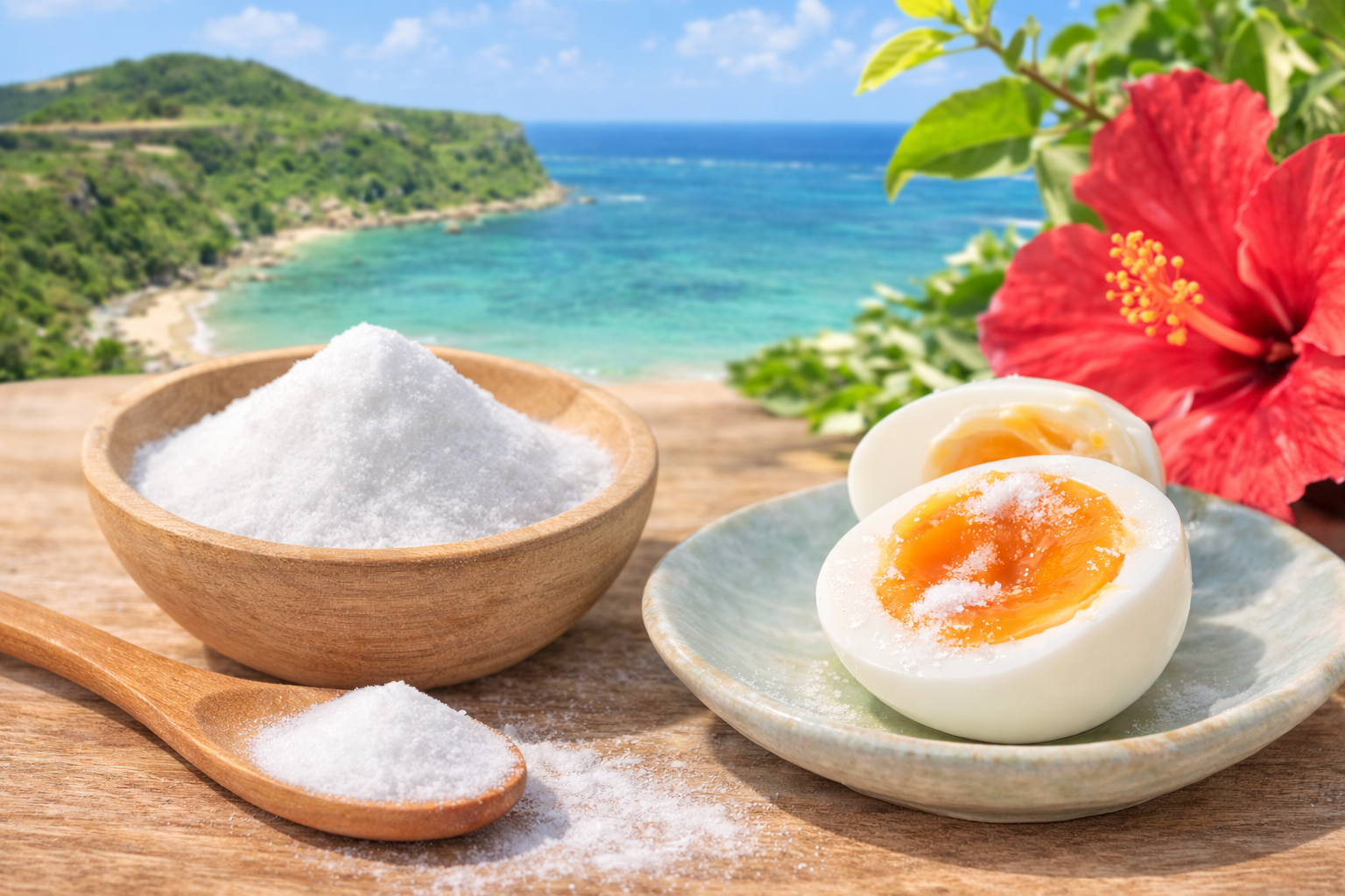 ぬちまーすをゆで卵にかけた料理と沖縄の海をイメージした写真