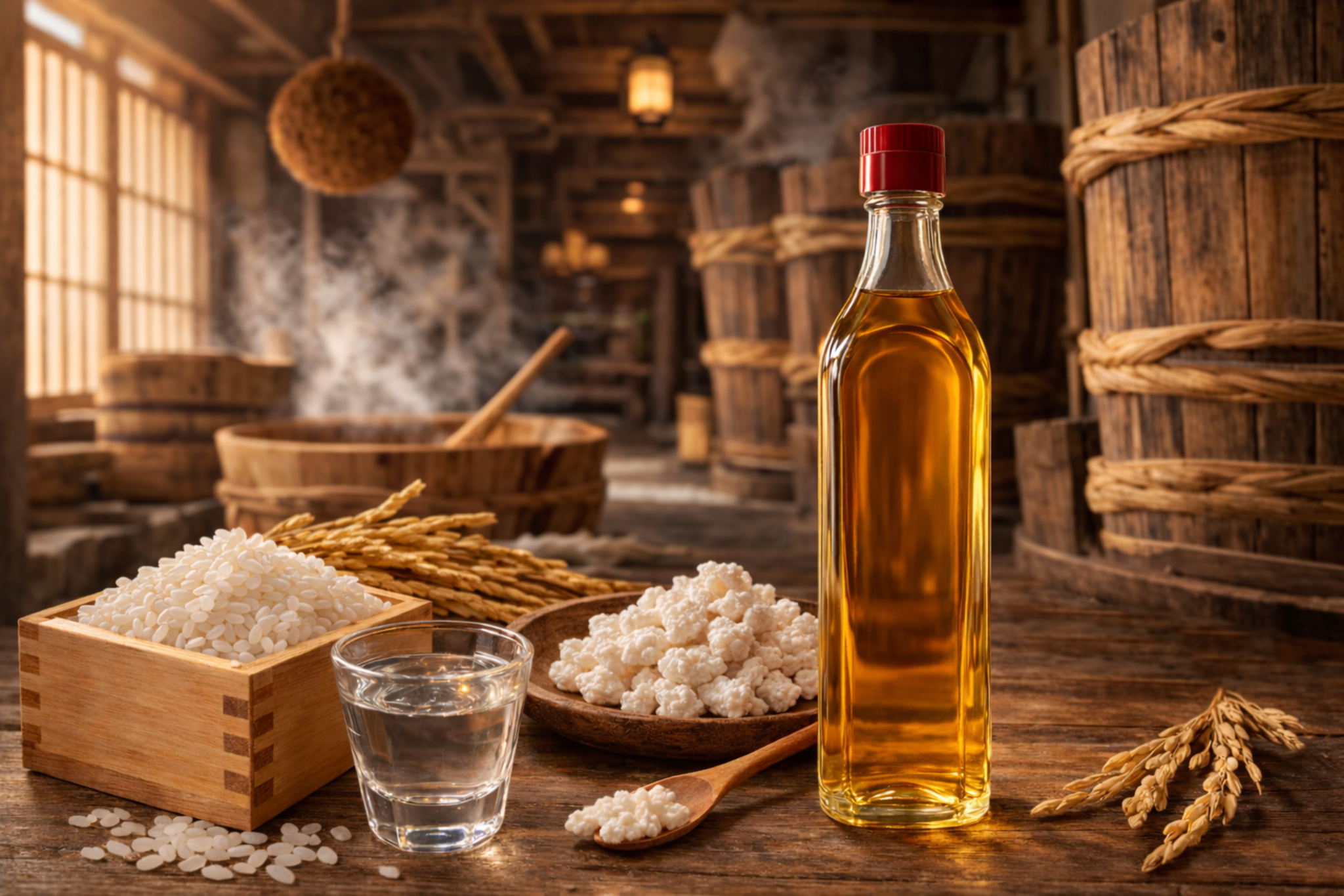 角谷文治郎商店の有機三州味醂と原料の米・米麹・みりんが並ぶ伝統的な製造イメージ