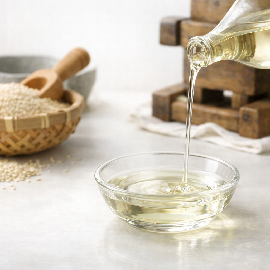 透明で無色の太白胡麻油をガラス皿に注いでいる様子（低温圧搾・無添加のごま油）