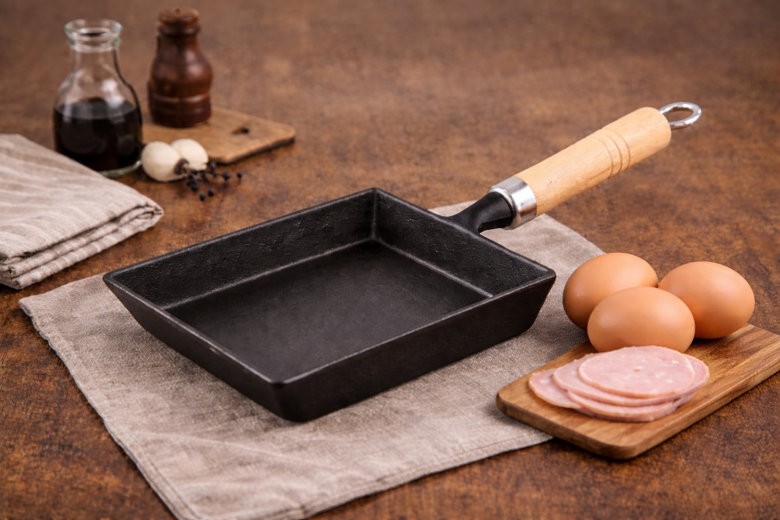 岩鋳の南部鉄器玉子焼き器と卵・ハムを並べた調理イメージ