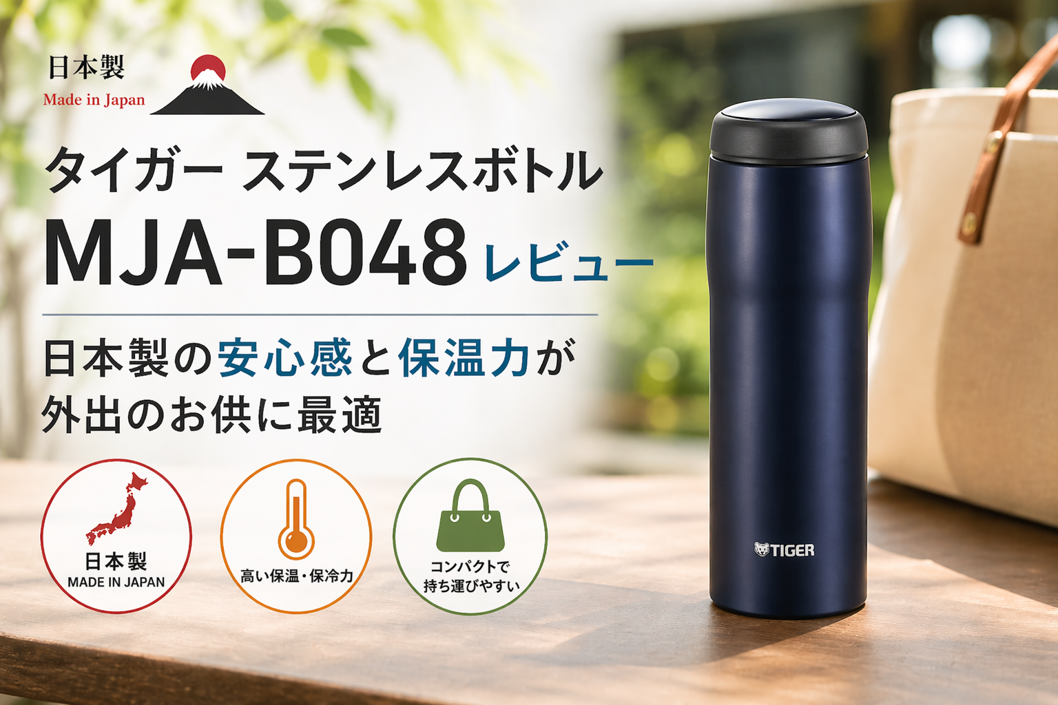 タイガーのステンレスボトルMJA-B048のレビュー画像。日本製で保温力が高く外出に便利なシンプルデザイン。